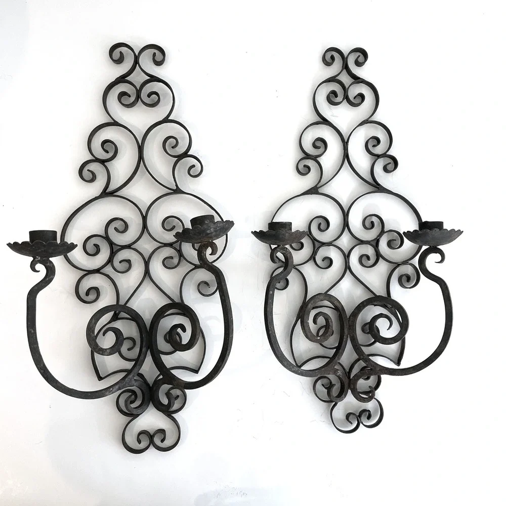 Vintage Wrought Iron Scroll Wall Sconce Pair Rustic Gothic Candle Holder Set